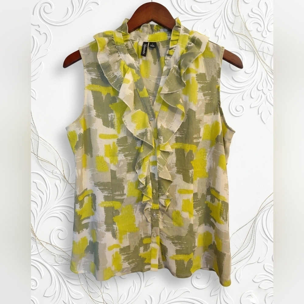 Relativity Sleeveless Ruffle Neck Blouse Lime Green Gray Abstract Print Large